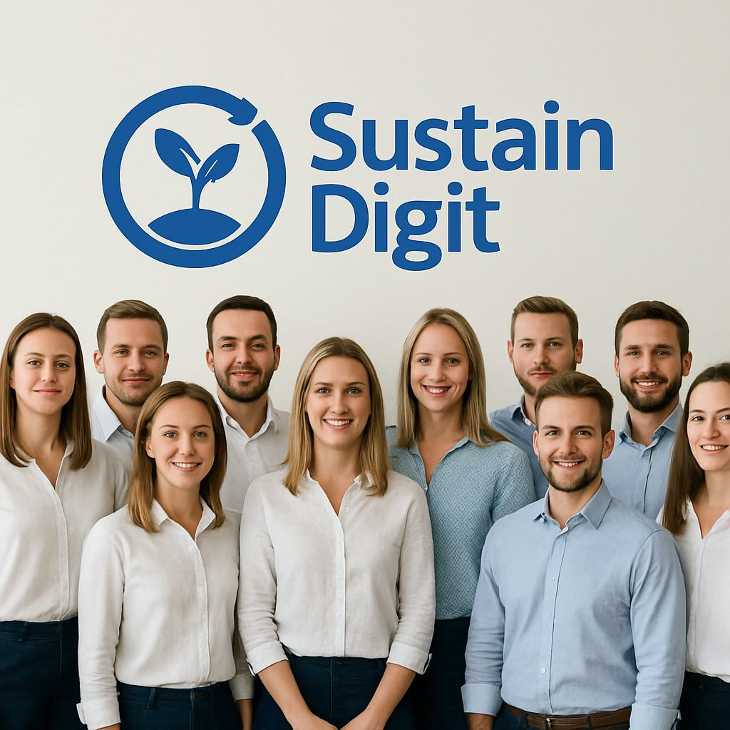Il team SustainDigit: un gruppo diversificato di professionisti sorridenti davanti al logo aziendale